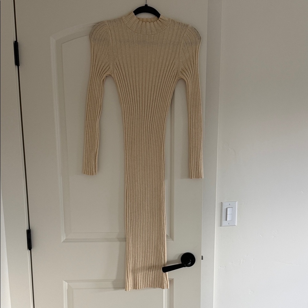 ASOS Cream Long Sleeve Ribbed Dress